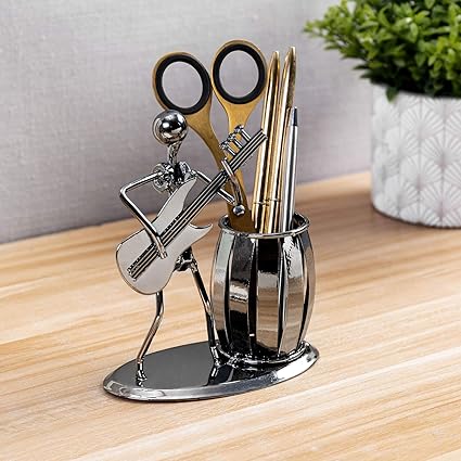 MyGift Decorative Gunmetal Gray Metal Desk Pen Holder Cup with Rocker and Guitar Design, Office Supplies Organizer Pencil Cup